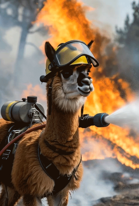 alpaca with fire fighter uniforms